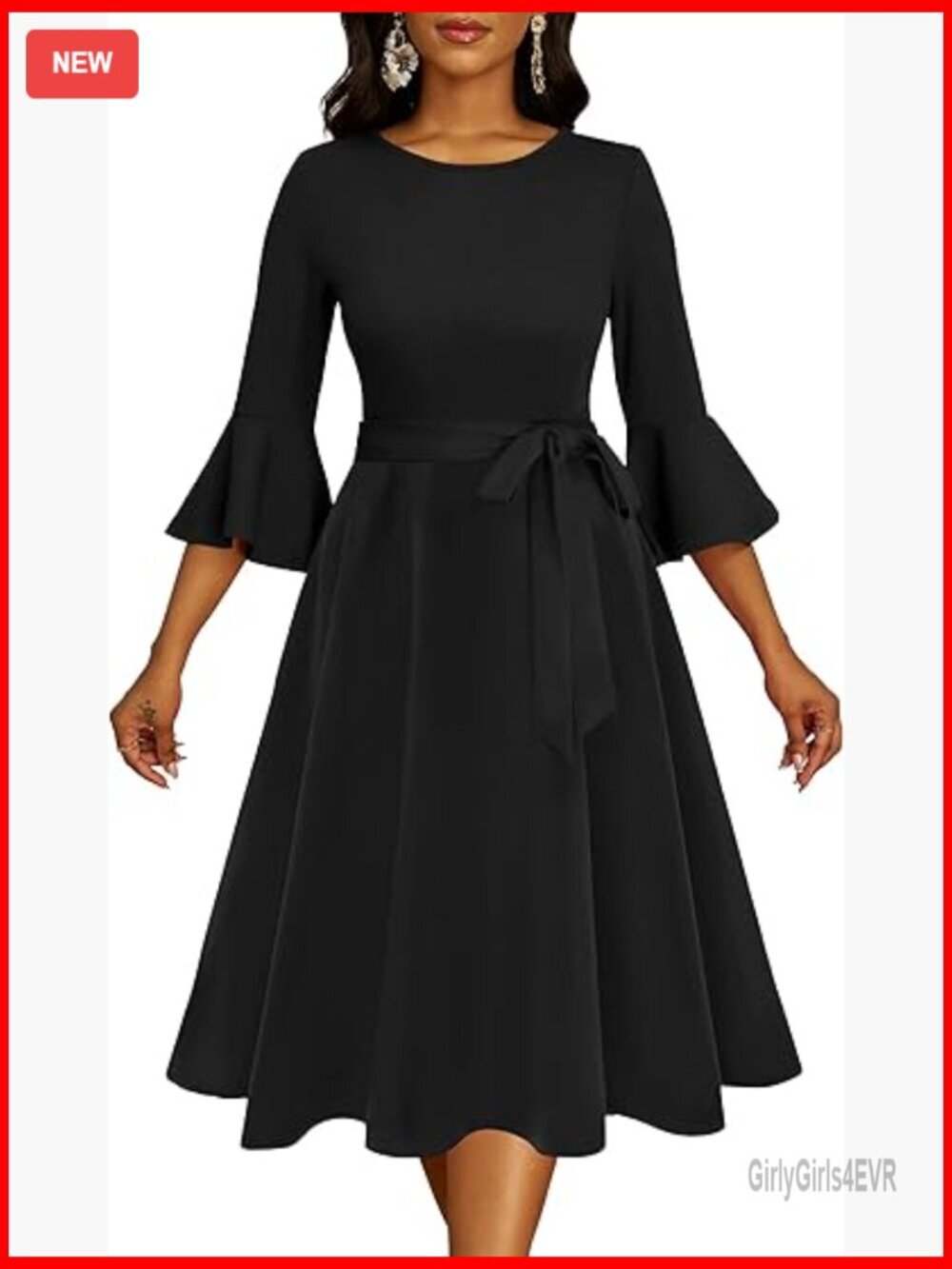 Plus Size Midi A-Line Dress with Pockets 3/4 Bell Sleeve V Neck